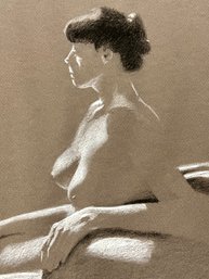 CONT CRAYON NUDE DRAWING: Seated Woman With Hair Up, Gray Paper, Black & White Sketch Framed, Blaine Smith CT