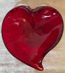 Vintage Small Decorative Art Glass Bowl - Red W/clear Lip - Heart Shaped Strawberry Design Controlled Bubble