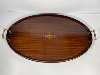 Vintage Oval Inlaid Mahogany Serving Tray With Brass Handles