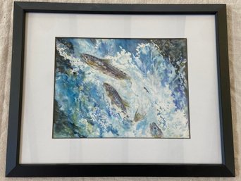 Fish Swimming Up Stream Watercolor Painting Signed Carol Kelly Local Artist 22x18 Matted Framed