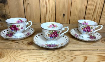 Trio Of Pearly Floral Teacups From Japan