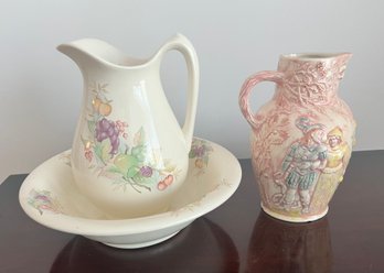 Ceramic Floral Bowl And 2 Pitchers With Decoupage Fruits
