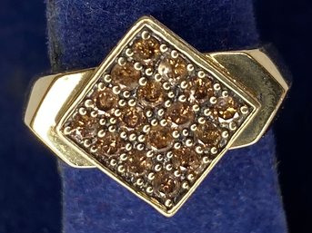 14K Gold Ring With 16 Smoky Quartz Stones In Offset Square & Diamond Chips On The Sides Size 6