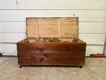 Vintage Wooden Trunk On Casters, Amazing Sawblade Marks