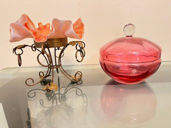 Fenton Orange To White Ruffled Edged Candy Dish, On Stand, With A Cranberry Covered Dish