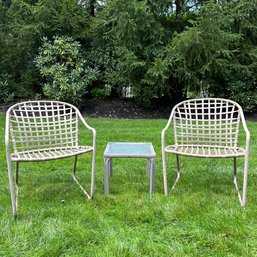 A Pair Of Vintage Tamiami Brown Jordan Chairs And Table - Aluminum - Vinyl Strap