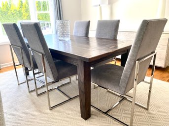 Gorgeous Lillian August Harvest Plank Dining Table & Six Mitchell Gold Grey Velvet Chairs  (LOC: W1)