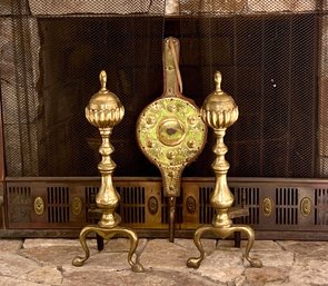 Pair Of Federal Style Andirons And An Ornate Wood And Brass Bellow