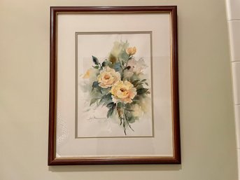 Framed Watercolor Of Yellow Roses, Signed By Artist