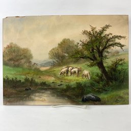 Pretty Antique Watercolor With Sheep