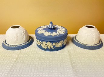 Matching Pair Of Wedgwood Tealight Candle Holders, With A Covered Candy Jar, Blue And White Jasperware