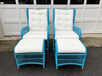 Pair Of Frontgate Indoor/Outdoor Wicker Chairs With Ottomans