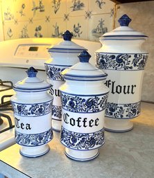 4 Vintage Blue & White Valencia Canisters From Japan