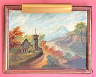 Beautiful Framed Oil Painting - A Riverside Castle, Hills & Mtns, Two Ships In The River With Colourful Trees