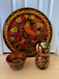 Vintage Lot Of Russian Folk Art (Platter, Bowl, Vase, Spoons)