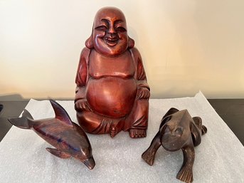 Ironwood Dolphin, Frog, And Wooden Buddha