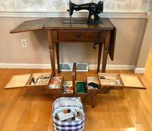 Vintage SINGER Sewing Machine Table And Sewing Supplies