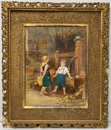 Antique (?) Painting - Children At Well - Ornate Gilt Frame - Pay Toll - A Kiss Before You May Have The Water