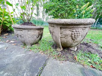 Pair Of Outdoor Matching Flower Pots With Grape Vine Designs On Them