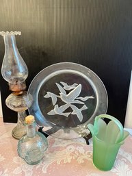 Glass Lot Including Plate With Doves, Green Basket, Kerosene Lamp, Oil Or Vinegar Cruet