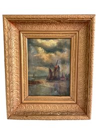 Antique Framed Oil On Canvas Featuring A Wind Mill By The Water Appears To Be Unsigned ( #25, 2nd Fl Office)