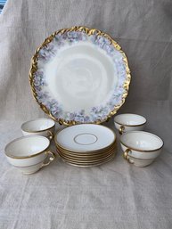 Porcelain Floral And Gilt Rim Serving Plate, White Saucer Plates And Coffee Tea Cups