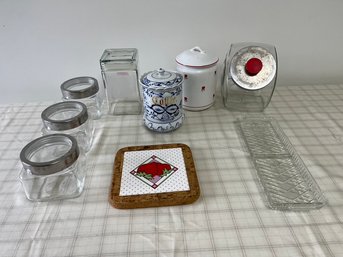 Canisters, Trivets, Ceramic Jars & Vintage Glass Candy Jar With Lid