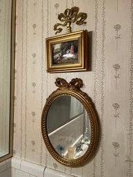 Gilded Oval Mirror & Framed Art Includes Bowed Hooks