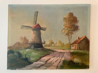 Vintage European Oil On Canvas Of A Cottage And Windmill