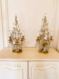 PAIR Large & Gorgeous Antique Crystal Crawling Vine Chandelier Lamps