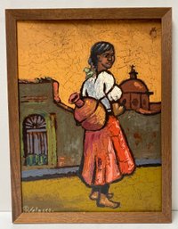 Vintage Paintin Oil Painting On Board - Spanish Mexican Girl W/ Vessel By Church - Velasco  -  12.75 X 16.75