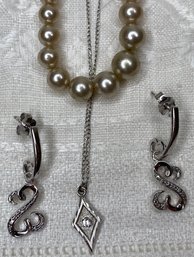 Lot Jewelry: Faux Pearl W/sterling Clasp, Sterling Necklace Diamond Chip, JWBR Open Heart Earring Jane Seymour