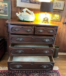 Antique Heavily Decorated Chest Of Five Drawers - Two Over Three
