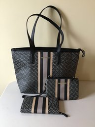 New - Striped Vinyl Tote With Coordinating Wristlet And Wallet