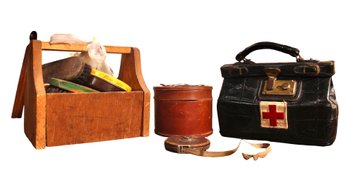 Grouping Of Vintage Items, Shoe Polishing Kit, Tape Measure, Parklane Leather First Aid Kit Leather Collar Jar