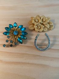 Foreign Brand Celluloid  Pin, Bluestone Flower And Horse Shoe Pin