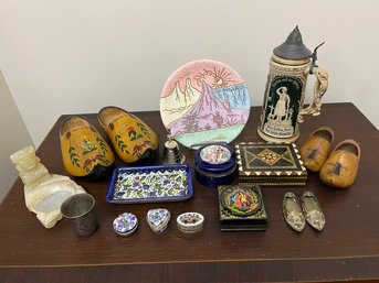 Eclectic Collection From Around The World Trinket Boxes, Stein, Dutch Clogs & More