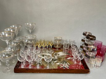A Fantastic Set Of Vintage Glassware On Beautiful Tray, Coupe Glasses & More
