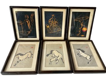 Six Vintage Japanese Framed Small Art Works. 5 3/8' X 7 1/8