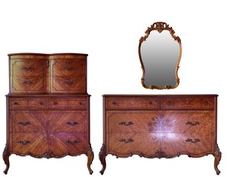 Burled Walnut Vaneer Dresser Set With Mirror*