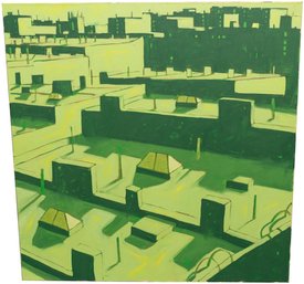 Unknown Oil On Canvas 'Rooftop' (Green) Painting
