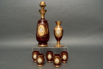 Murano Style Glass Decanter, Shot Glasses, And Bud Vase