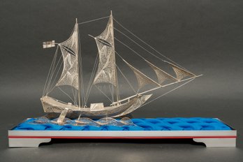 Vintage Sterling Silver Filigree Ornament 'Sailing Ship' In Display Case