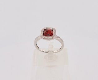 14K White Gold Garnet Diamond Halo Ring