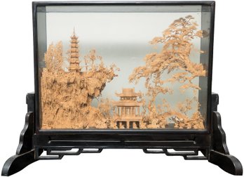 Vintage Asian Hand Carved Cork And Wood 3D Diorama