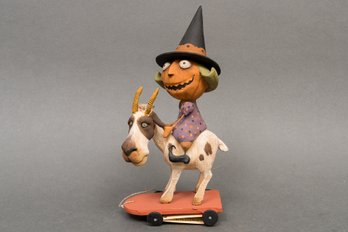 RARE! Scott Smith/Rucus Studio For Bethany Lowe 'Witch Riding On Goat' Pull Toy