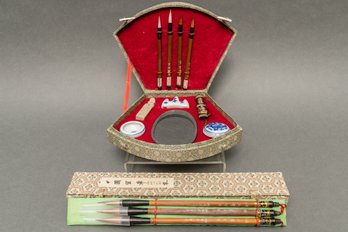 Vintage Boxed Chinese Calligraphy Set With Three Additional Brushes