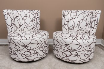 Pair Of Chocolate Swirl Print Round Swivel Chair With Curved Back