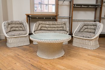 Bielecky Brother's Circa 1960 Handmade Wicker Lounge Chairs, Loveseat, Cushions And Glass Top Cocktail Table