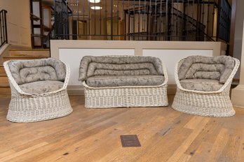 Bielecky Brothers Circa 1960 Handmade Wicker Lounge Chairs And Matching Loveseat With Original Cushions